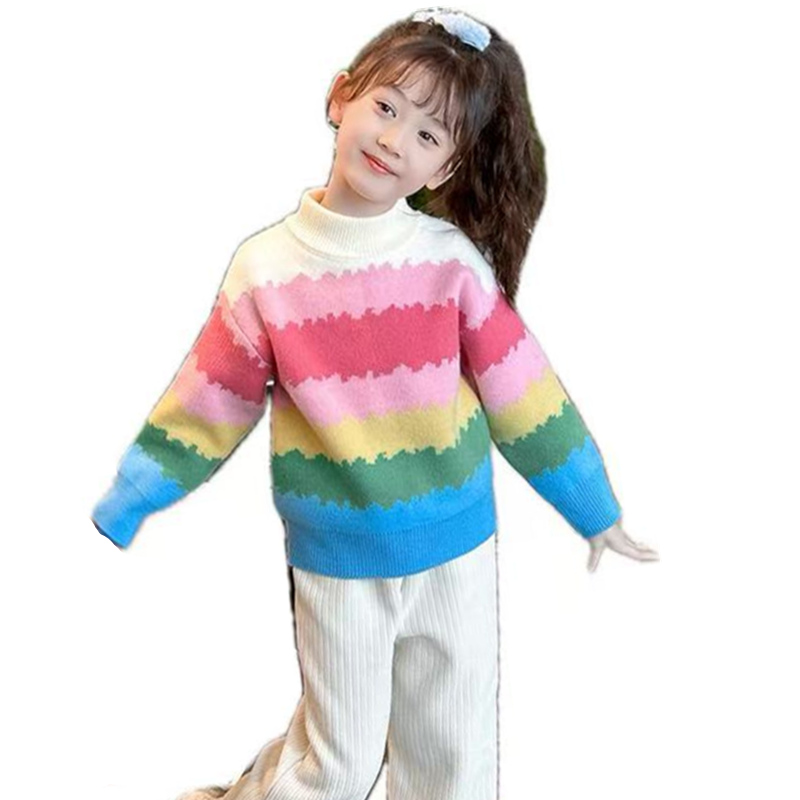 Baby Clothing Knitting Patterns - Tatlı Kız Renkli Gökkuşağı Çizgili Kazak